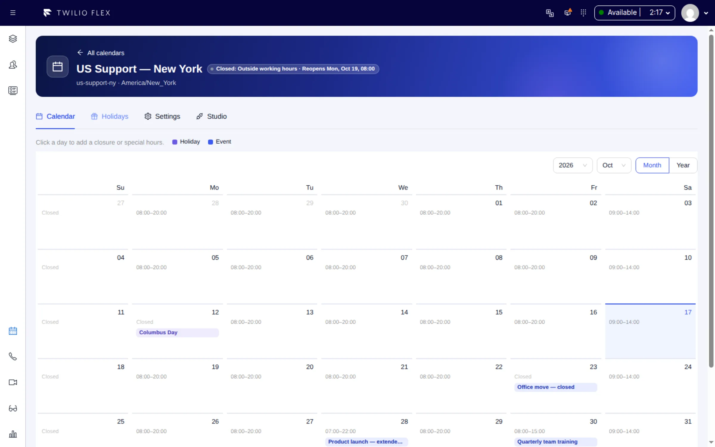 Business calendar month view with holidays and events