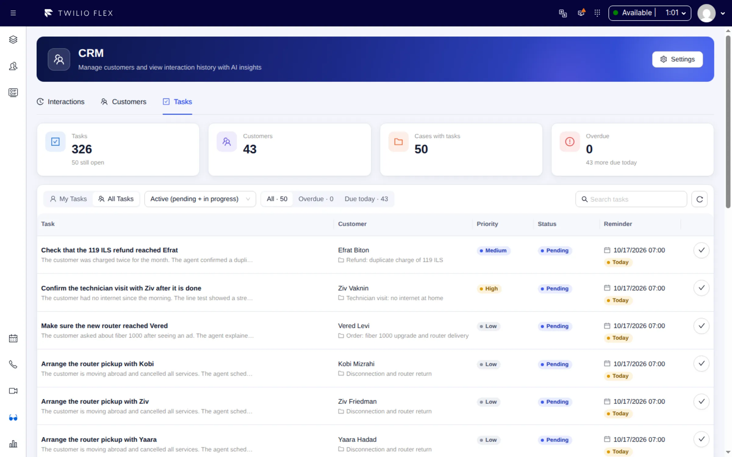 Tasks list across the contact center