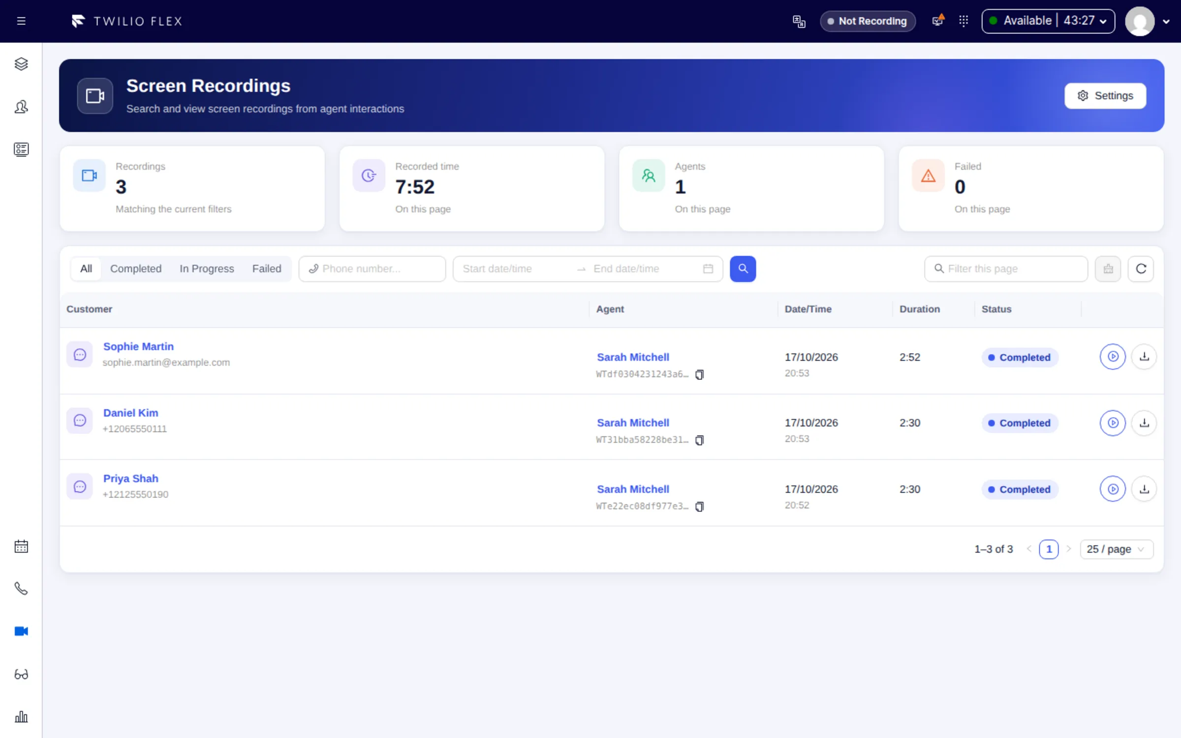 Recordings library with search and filters