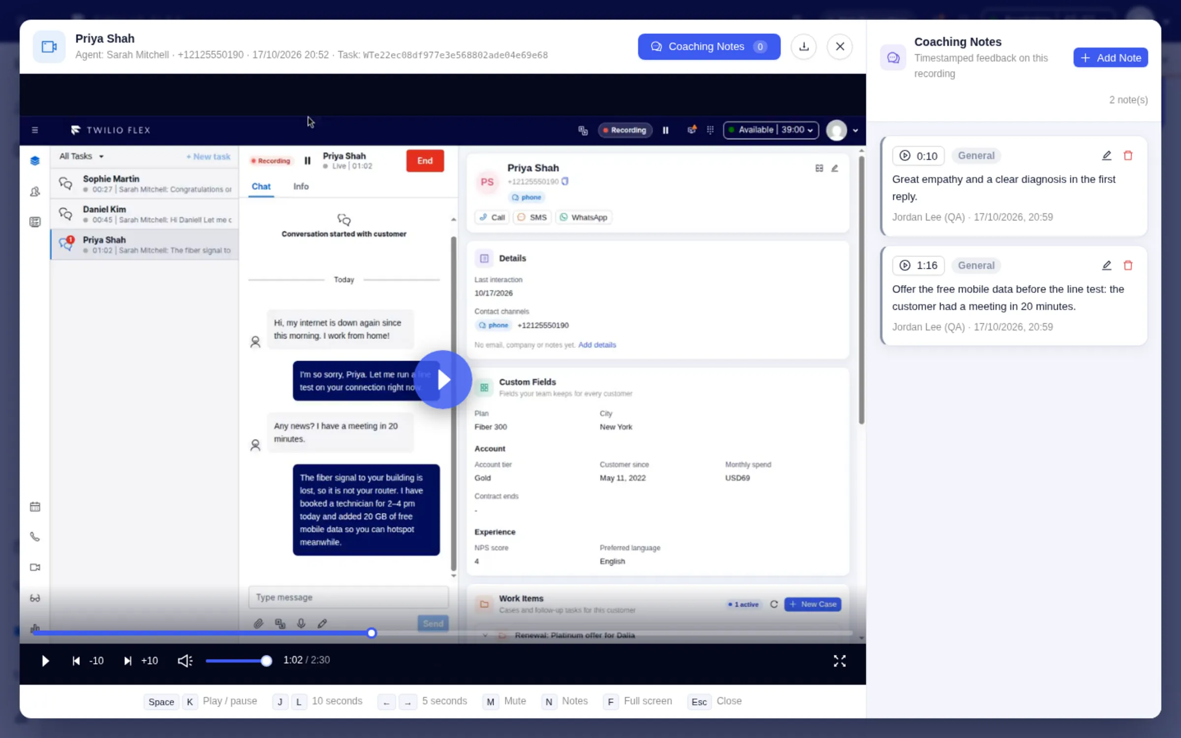 Recording playback with task segments