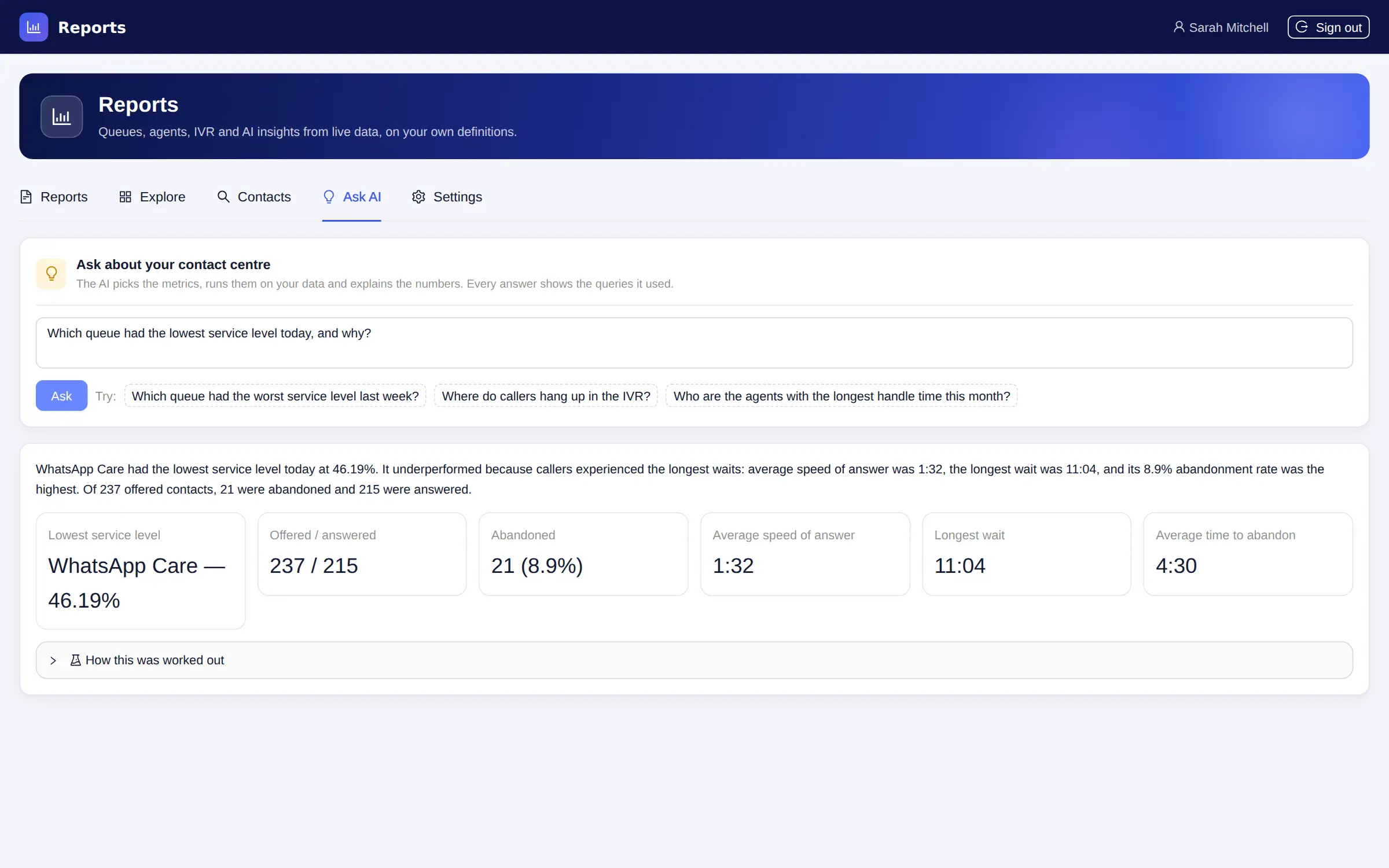 Ask AI answering a question about service level