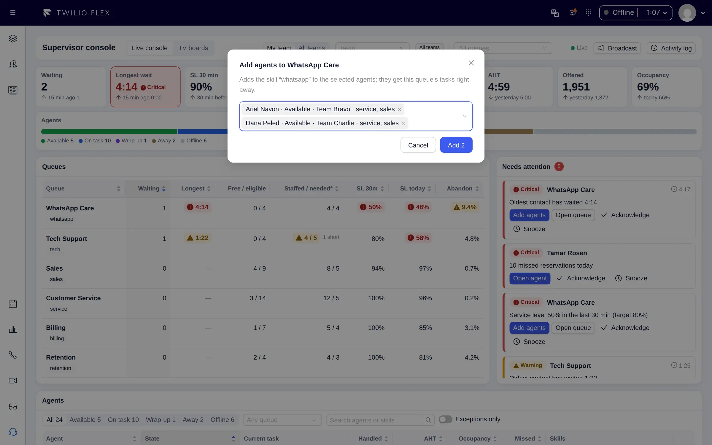 Adding agents to a queue from the attention feed