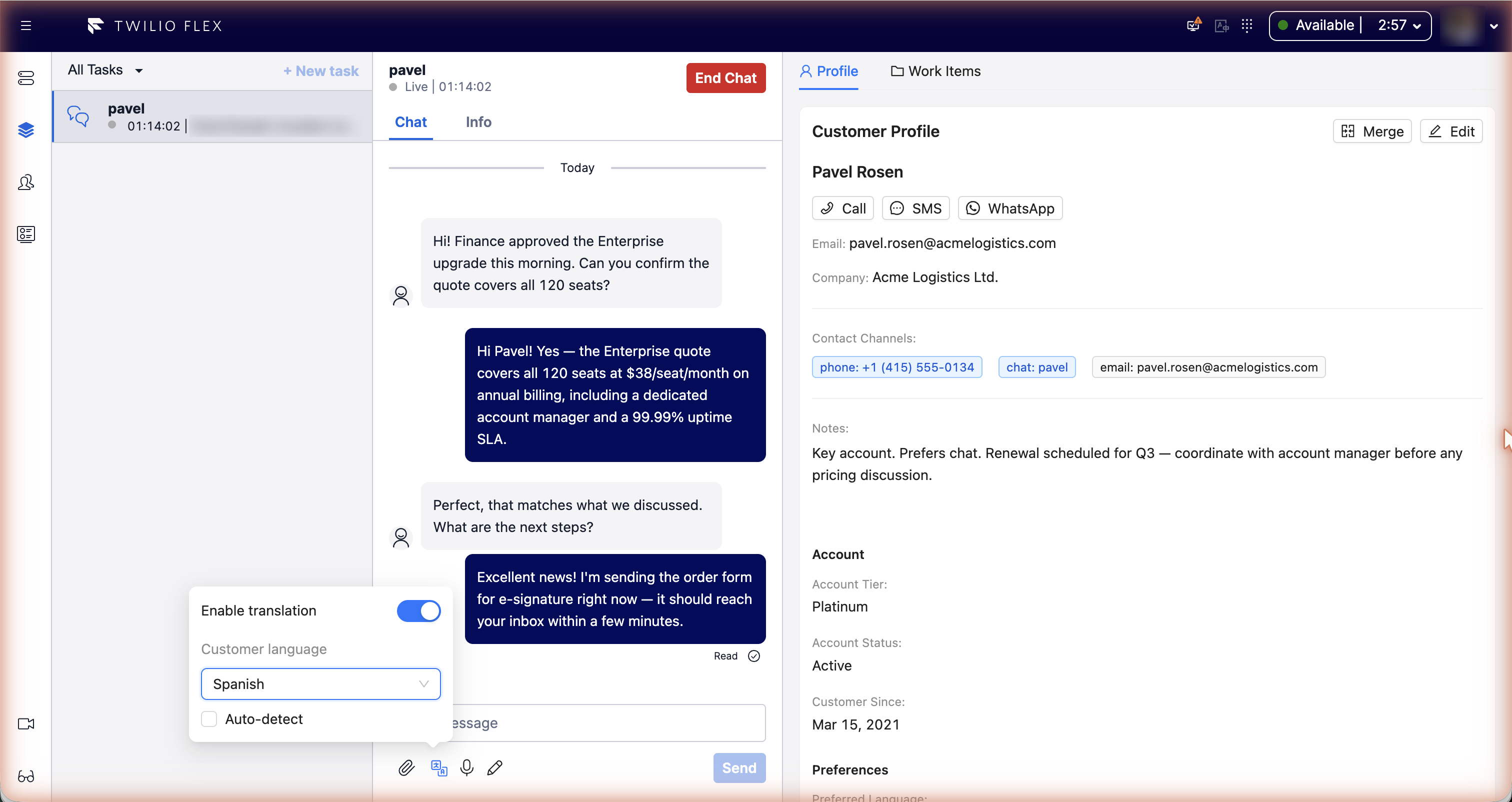 Per-conversation translation settings